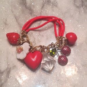 Charm bracelet gold and red cherries apple heart